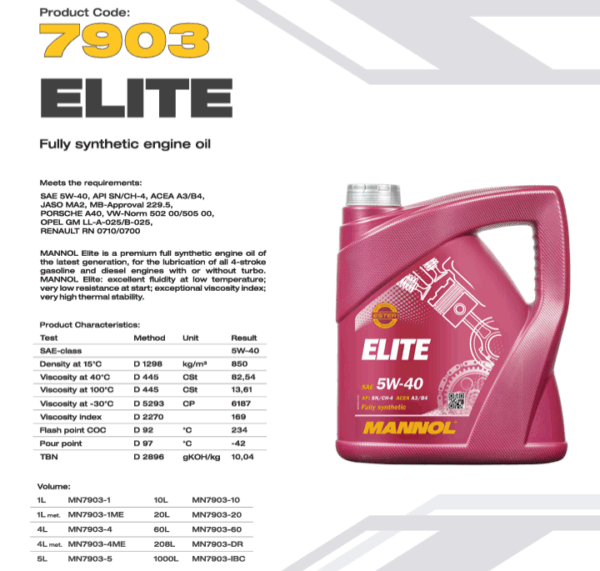 Mannol Elite Fully Synthetic PAO Engine Oil 5W40 [4 Litres] MN7903